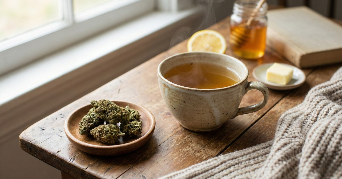 Kopje thee met wiettoppen op een houten tafel