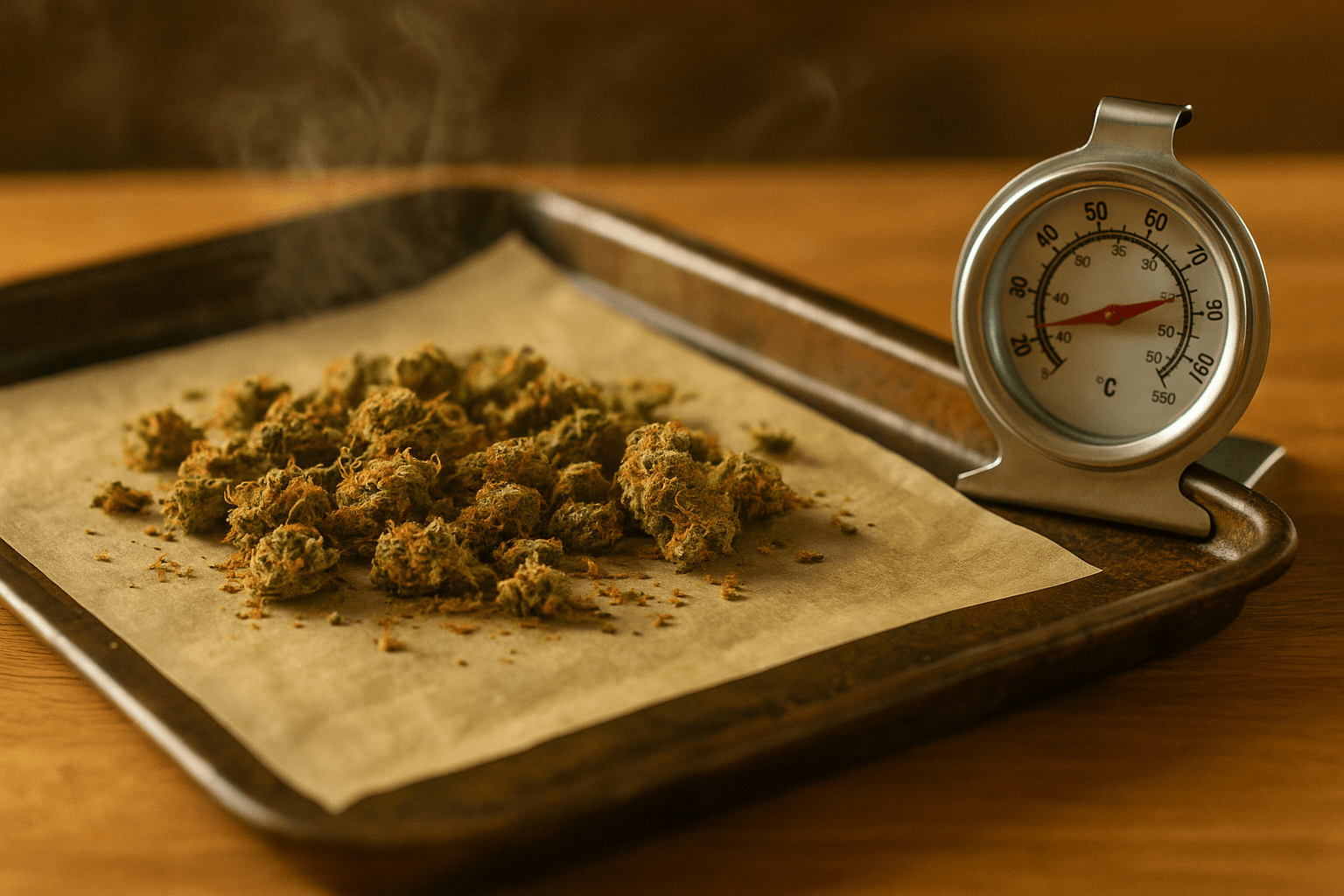 Goudbruine cannabis toppen op een bakplaat tijdens het cannabis decarboxyleren voor optimaal behoud van THC en CBD.