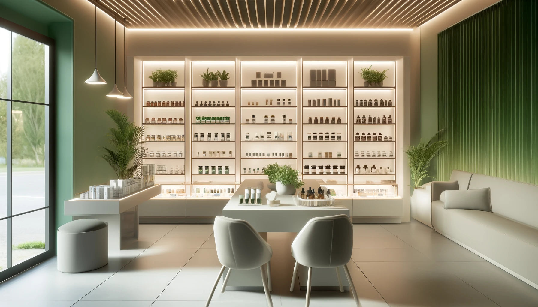 DALL·E 2024-05-06 15.58.11 - A tranquil and stylish scene of a modern cannabis dispensary interior. The setting includes sleek, minimalist shelves filled with a variety of cannabi