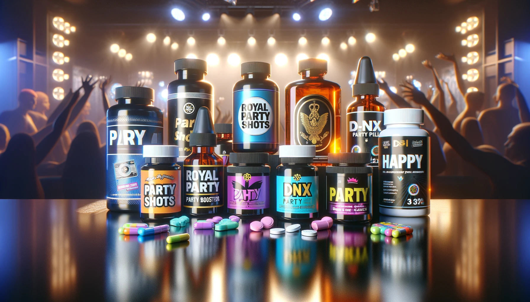 DALL·E 2024-05-06 16.43.17 - Create a highly detailed and photorealistic image showcasing an assortment of party boosters. The scene is set on a glossy black surface with good lig