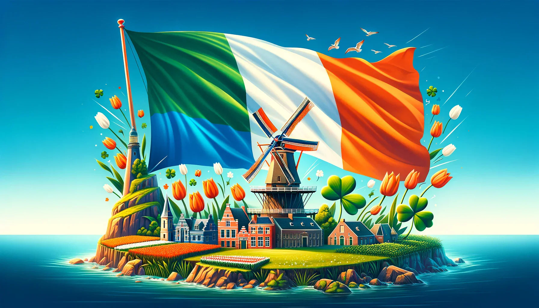  An image symbolizing the strong bond between the Netherlands and Ireland. The image features the Dutch flag with horizontal stripes of red, white, and