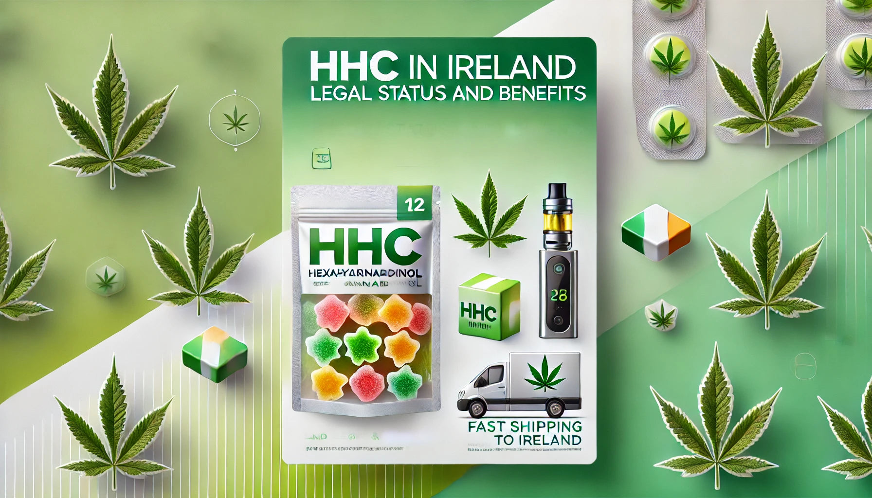 DALL·E 2024-06-19 14.13.48 - A sleek, modern design featuring HHC (Hexahydrocannabinol) products like gummies and vapes. The background should be a gradient of light green to whit