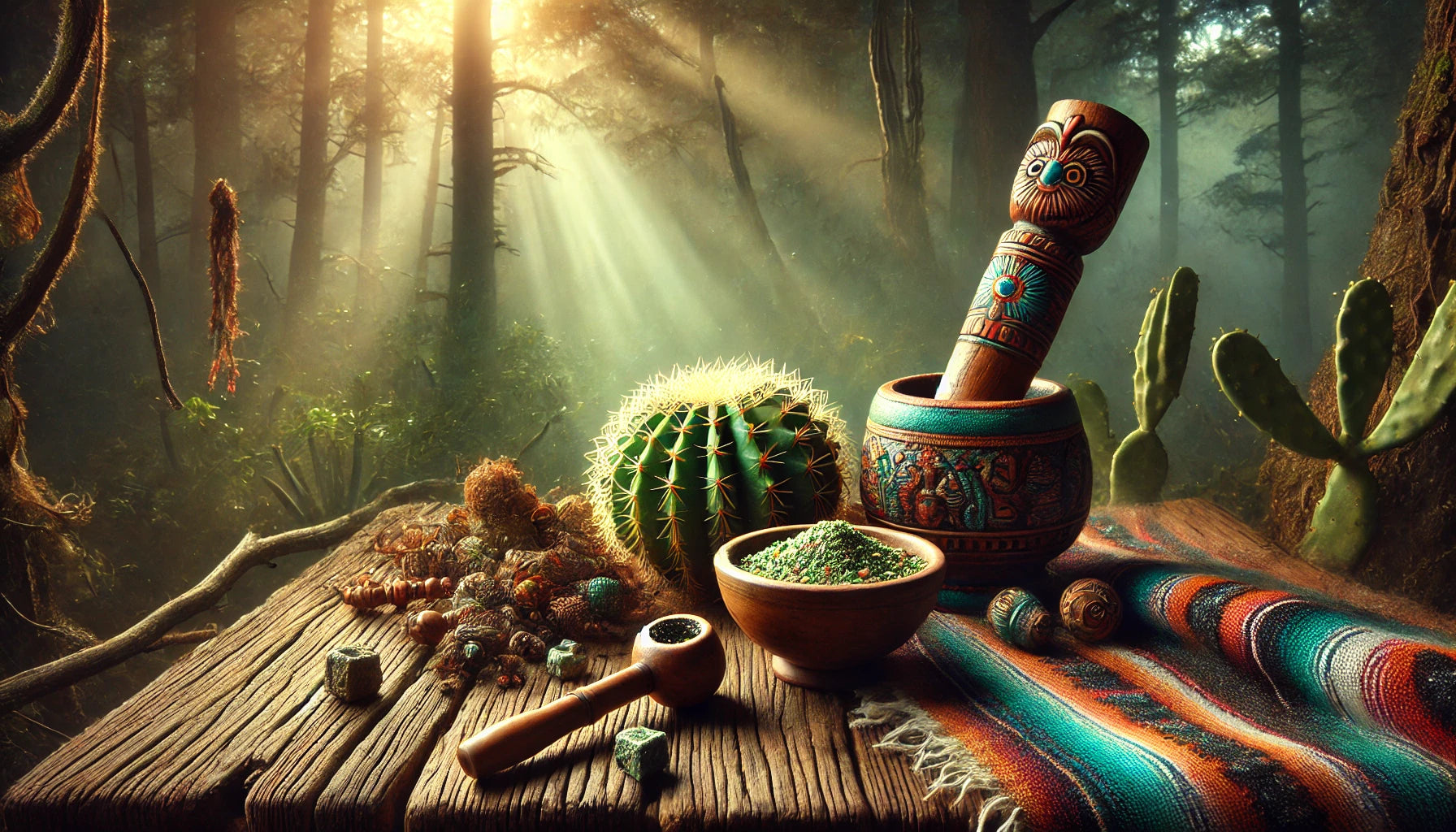 DALL·E 2024-06-19 15.57.17 - A serene and mystical scene of a shamanic ritual setup. The image features a Peyote cactus, a traditional Kuripe pipe, and a bowl of Rapé Yawanawa Tsu