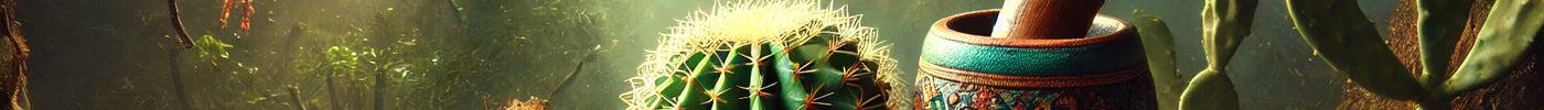 DALL·E 2024-06-19 15.57.17 - A serene and mystical scene of a shamanic ritual setup. The image features a Peyote cactus, a traditional Kuripe pipe, and a bowl of Rapé Yawanawa Tsu
