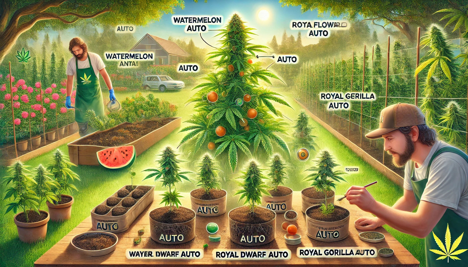 DALL·E 2024-06-19 16.02.00 - An illustrative image depicting the benefits and cultivation process of autoflowering cannabis seeds. The scene includes a variety of cannabis plants