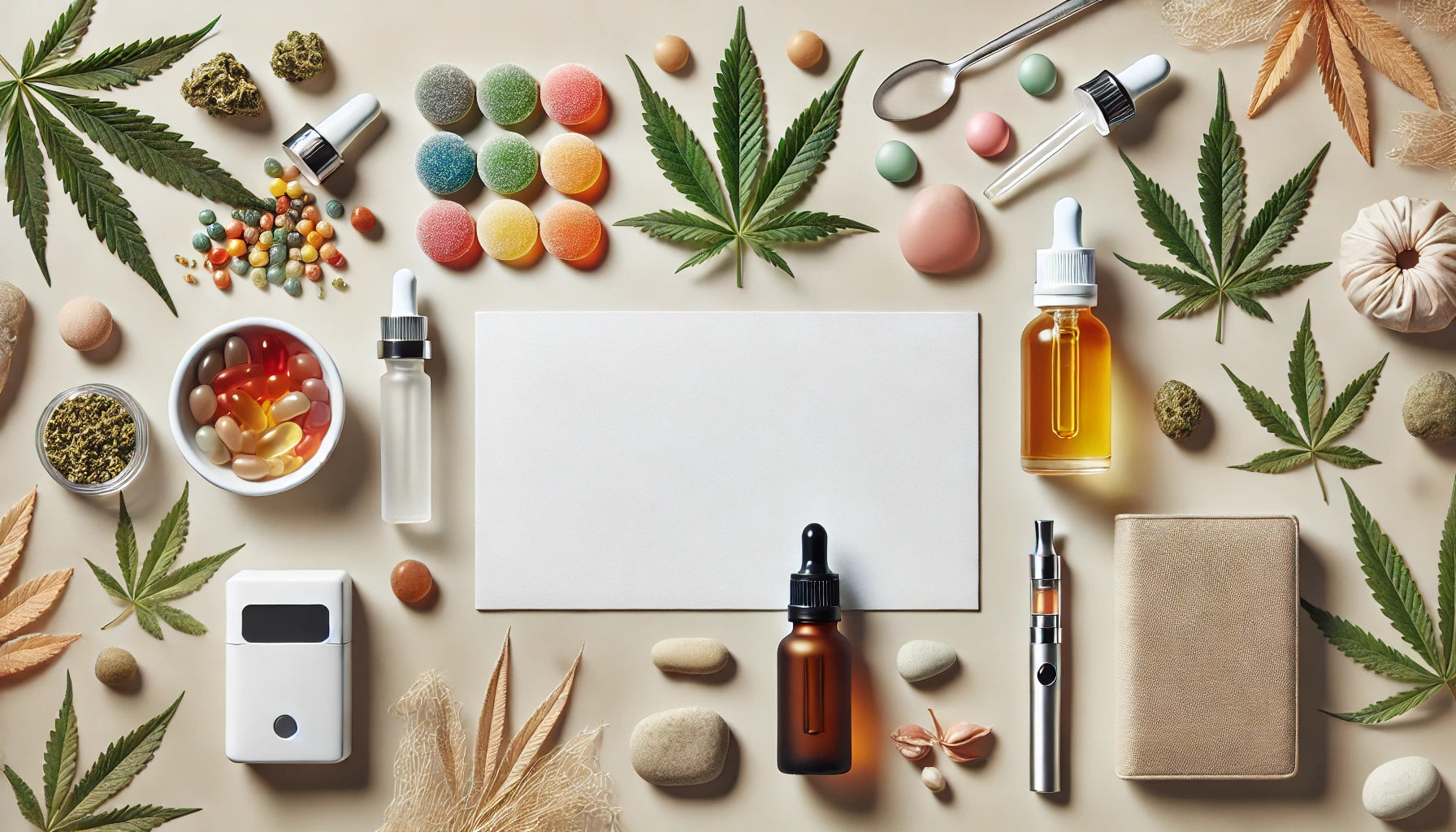 DALL·E 2025-04-25 16.41.28 - A clean, modern blog banner without any text, showing a selection of cannabinoid-related products such as colorful gummies, dropper bottles (like CBD
