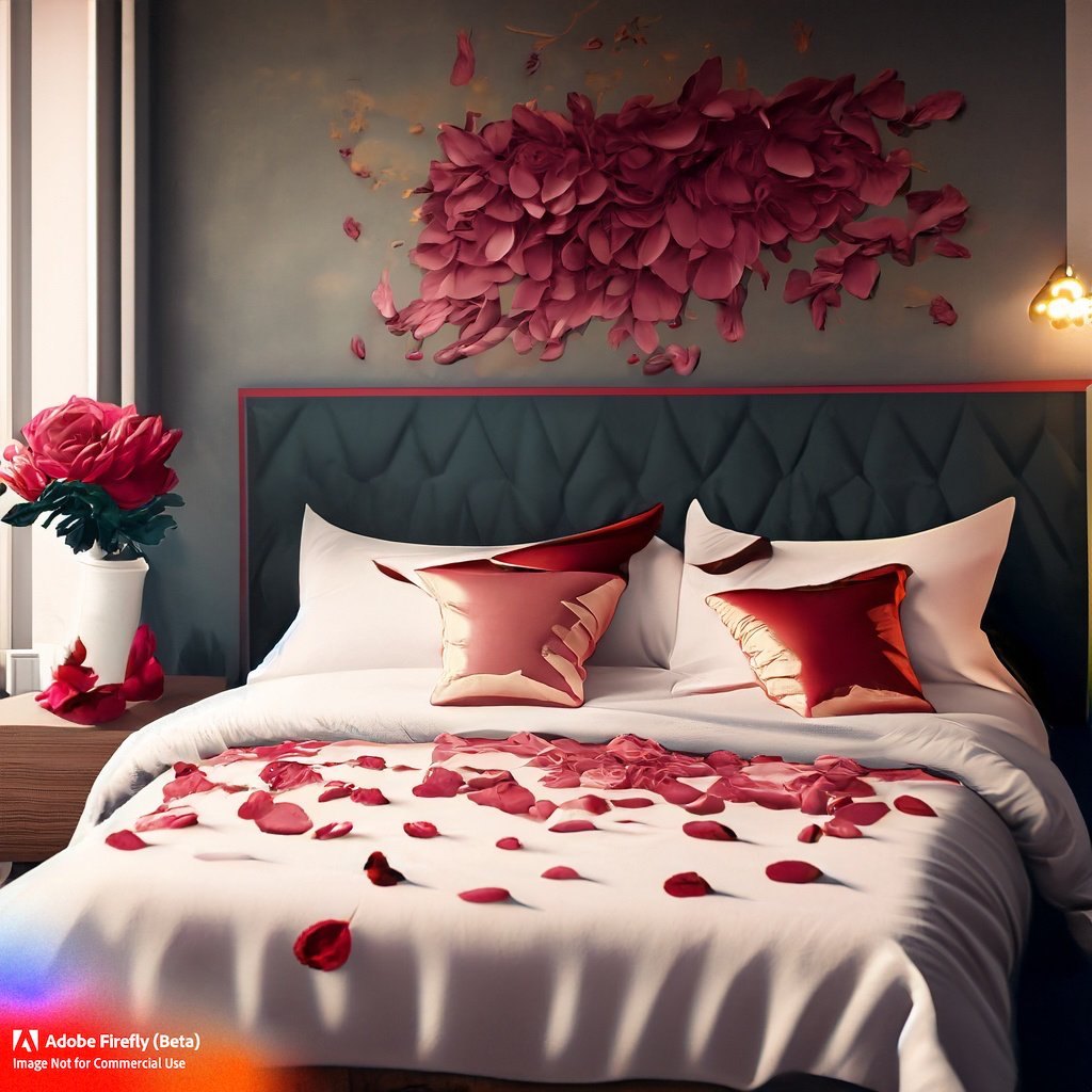 Firefly_A+stylishly decorated bedroom with rose petals on the bed._art_81945