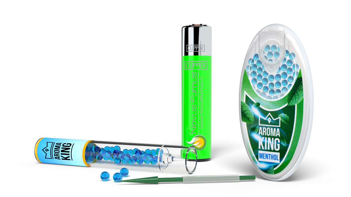 Aroma King Aromakapseln met een handige applicator voor het toevoegen van smaak aan sigarettenfilters.