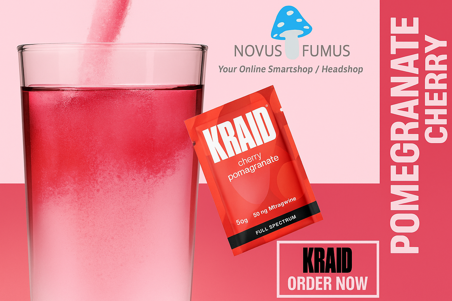 KRAID wateroplosbare kratom sachet naast een glas water met een schijfje citroen bij Novus Fumus.