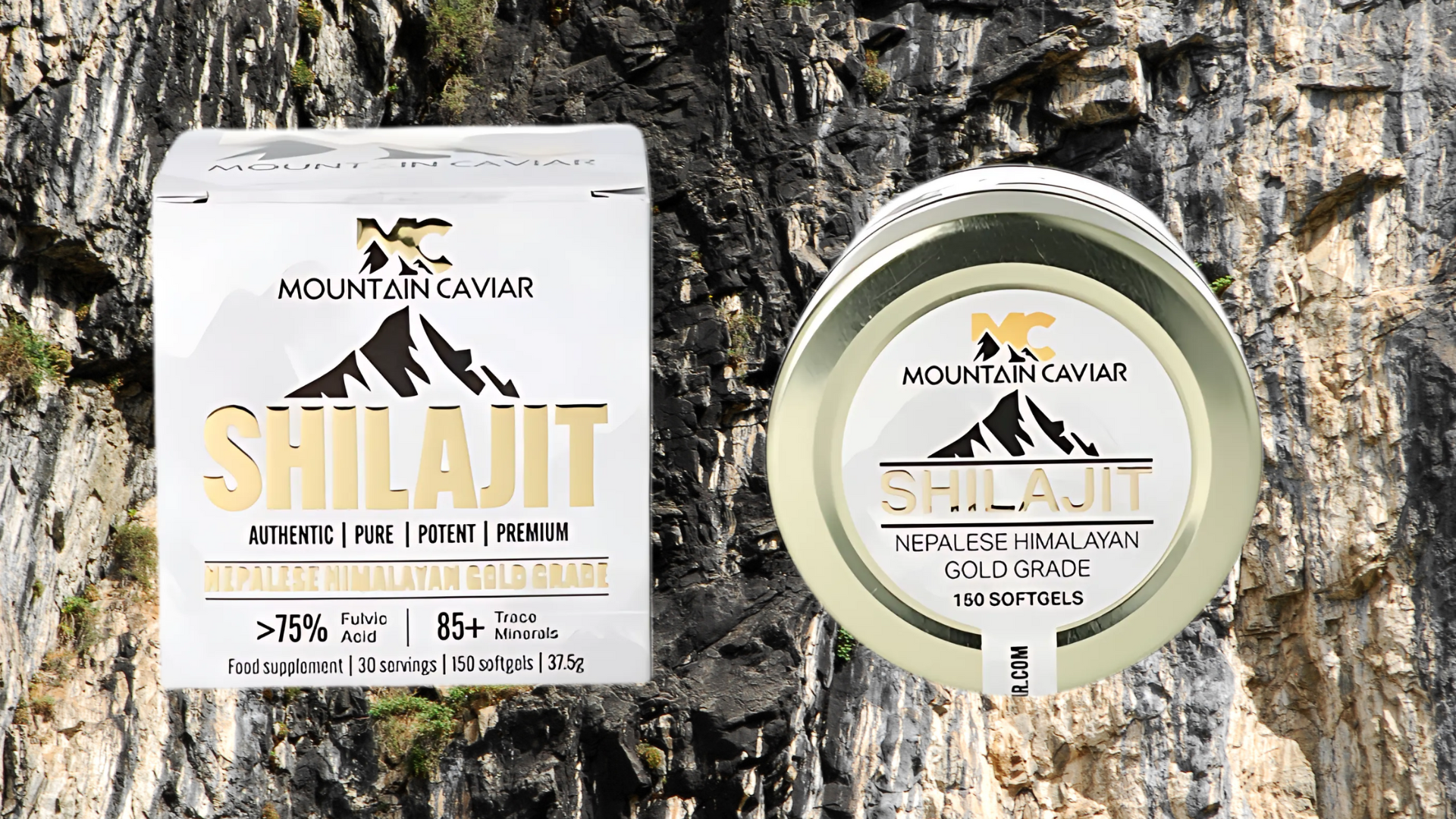 Verpakking van Mountain Caviar Shilajit softgels van Novus Fumus voor natuurlijke ondersteuning.