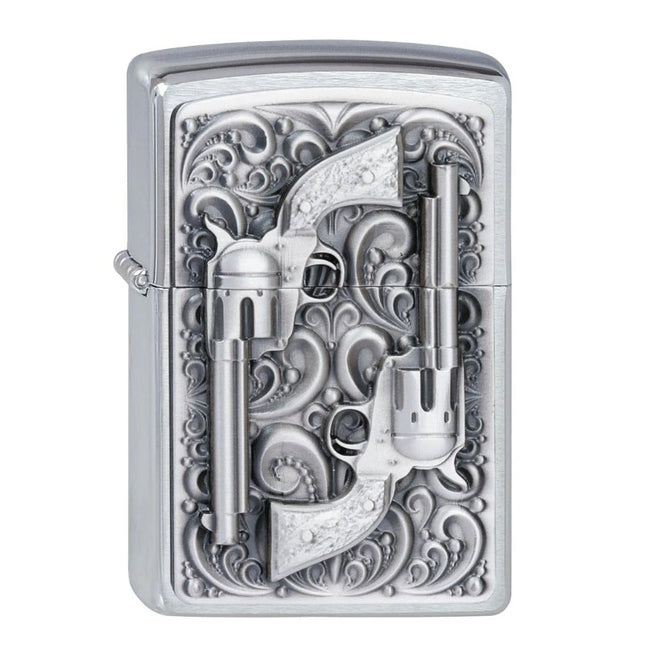 Silver zippo with two revolver design. One facing up and the other facing down.