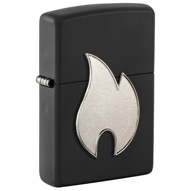 Front view of a Black Matte Zippo lighter featuring a raised silver metal emblem of the iconic Zippo flame symbol attached to the lower body.