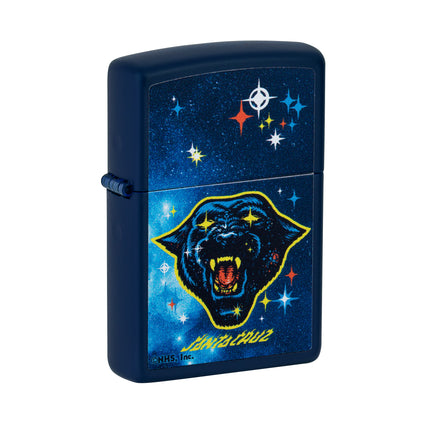 Front view of a Navy Matte Zippo lighter featuring a cosmic Santa Cruz design. A black panther with star-shaped yellow eyes is centered against a blue nebula background filled with colorful stars. The Santa Cruz logo is written in yellow script at the bottom.