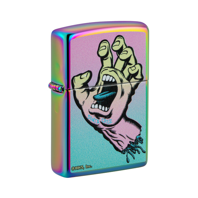 Front view of a Multi Color iridescent Zippo lighter featuring the iconic Santa Cruz Screaming Hand logo in blue and pink tones.