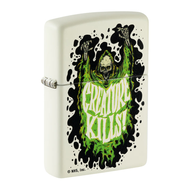 Front view of the Zippo Santa Cruz 'Creature Kills!' lighter in a cream matte finish featuring a green skeletal graphic and black dripping details.