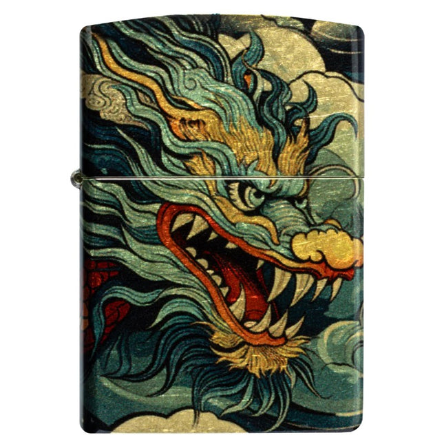 Zippo with dragon design flying through the air. Only the head is visible, design has a blueish color scheme.