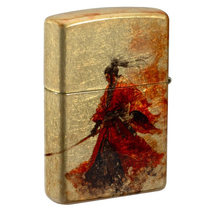 "A close-up view of the back of the same Zippo lighter. The wraparound design continues, depicting a samurai warrior in a red robe holding a katana sword. The warrior is positioned against a background of fiery smoke, which seamlessly merges with the dragon on the front.