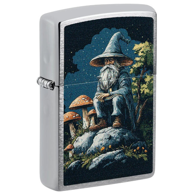 Front view of a Brushed Chrome Zippo lighter with a colorful 'Color Image' design depicting an old wizard with a large hat sitting on a rock, surrounded by toadstool mushrooms, wildflowers, and a starry night sky.'
