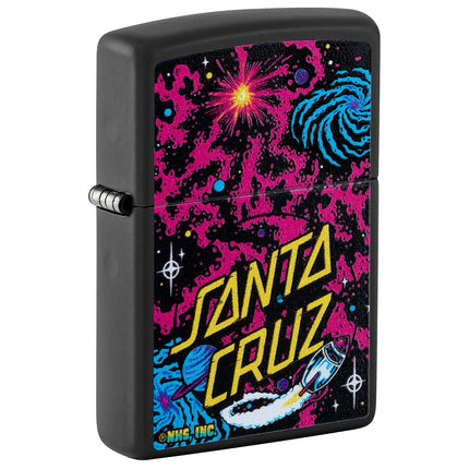 Front view of a Matte Black Zippo lighter featuring a vibrant cosmic Santa Cruz Space Dot design with a yellow logo, pink nebulae, blue galaxies, and a rocket ship.