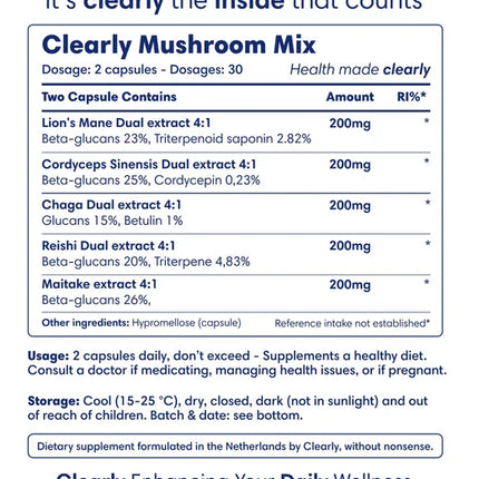 Clearly Paddenstoelen Mix 500mg - 60 Capsules