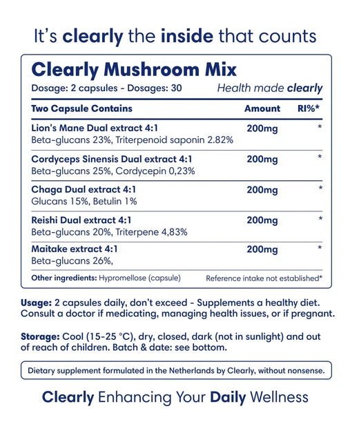 Clearly Paddenstoelen Mix 500mg - 60 Capsules